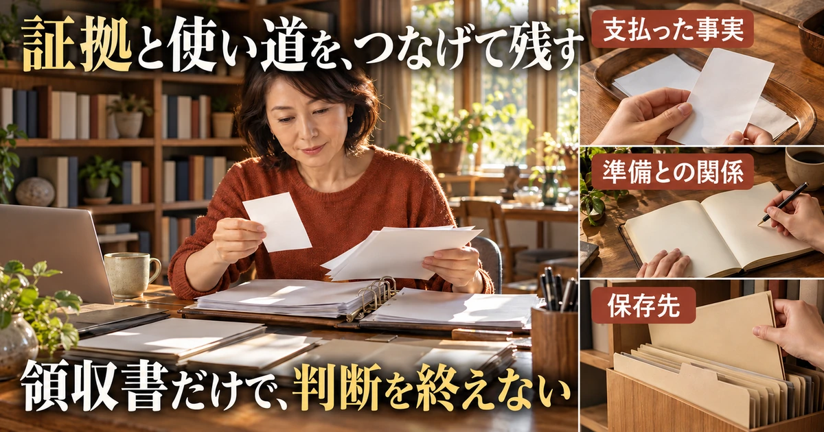 支払いの証拠と開業準備との関係・保存先をつなぐ説明用生成画像