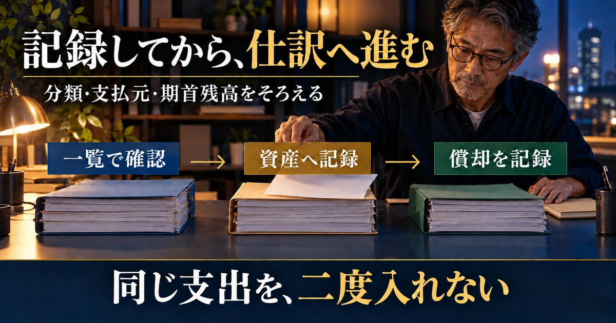 支出一覧の確認から資産の記録・償却の記録へ進む説明用生成画像