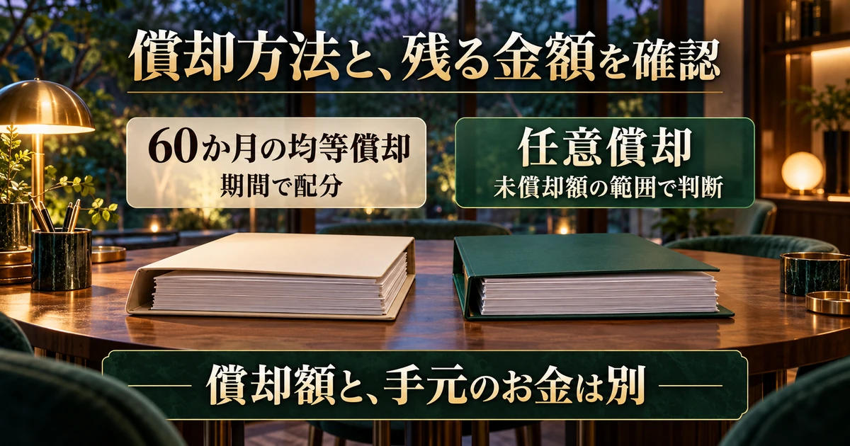 開業費の60か月均等償却と任意償却を未償却額から確認する説明用生成画像
