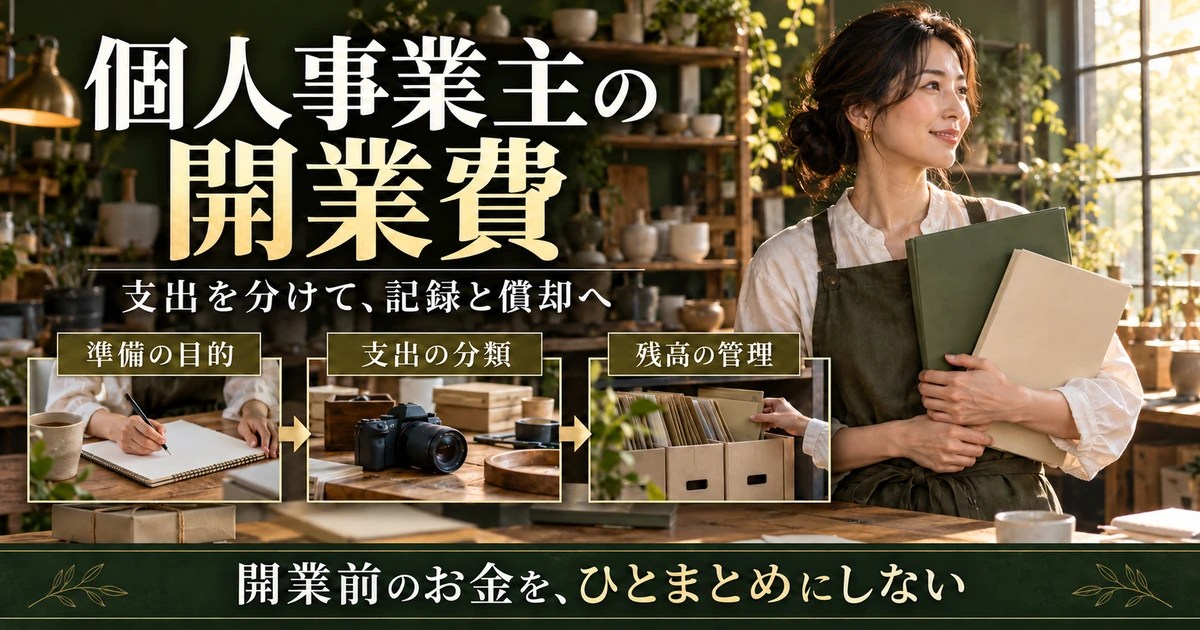 個人事業主の開業費を準備の目的・支出の分類・残高管理の順で整理する説明用生成画像
