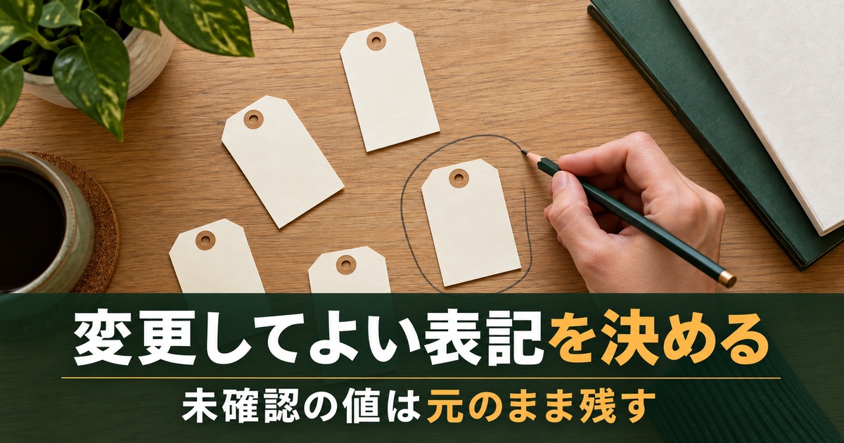 変更してよい対象と残す値を紙のラベルで区別するイメージ。「変更してよい表記を決める/未確認の値は元のまま残す」の説明文字付き