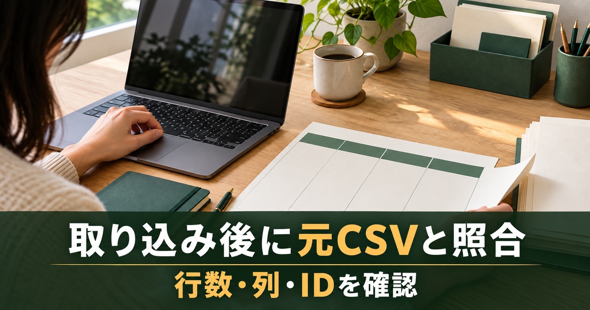 元の一覧と取り込み内容を照合するイメージ。「取り込み後に元CSVと照合/行数・列・IDを確認」の説明文字付き