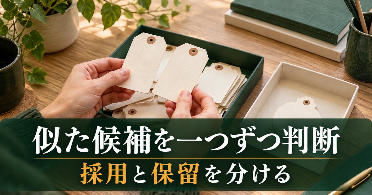 似たラベルの統一と保留を慎重に判断するイメージ。「似た候補を一つずつ判断/採用と保留を分ける」の説明文字付き