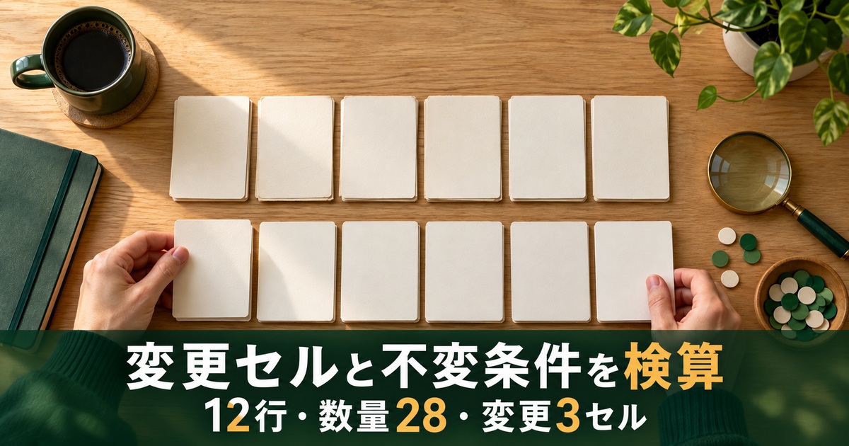 変更前後の一覧を対応させて検算するイメージ。「変更セルと不変条件を検算/12行・数量28・変更3セル」の説明文字付き
