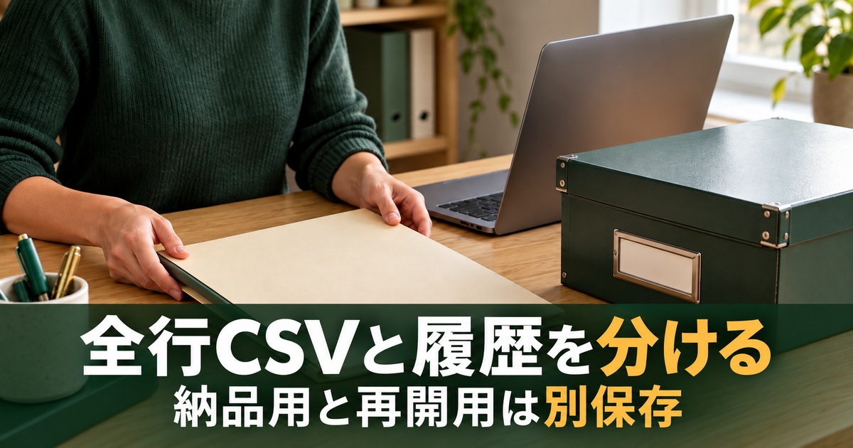 納品用の資料と自分用の作業履歴を分けて保存するイメージ。「全行CSVと履歴を分ける/納品用と再開用は別保存」の説明文字付き