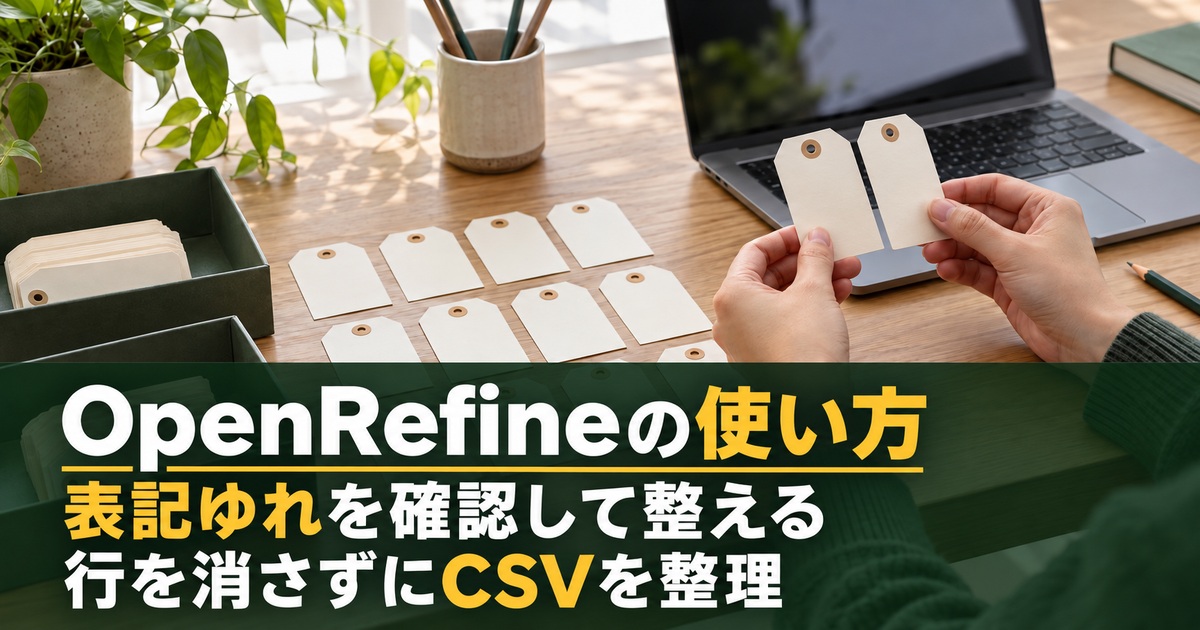 表記の異なるラベルを比較し整理する作業のイメージ。「OpenRefineの使い方／表記ゆれを確認して整える／行を消さずにCSVを整理」の説明文字付き
