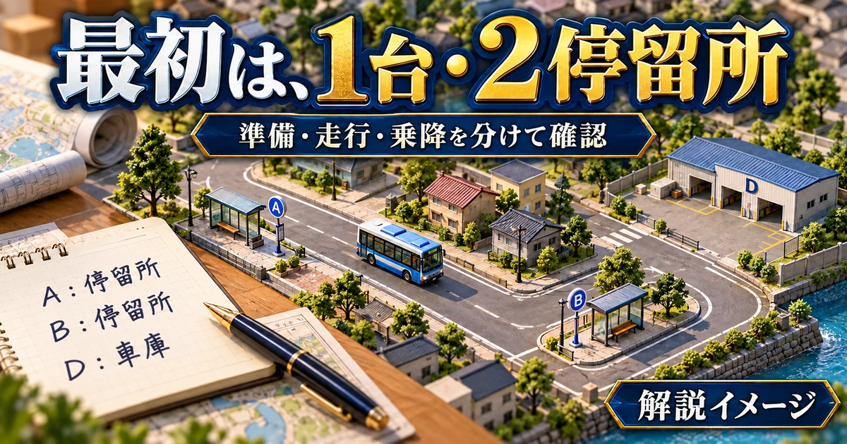 二つの停留所と車庫の役割を、路線模型とメモで整理する解説イメージ