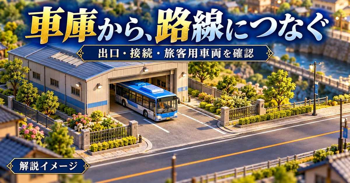 道路につながった車庫の出口から旅客用バスが出る解説イメージ