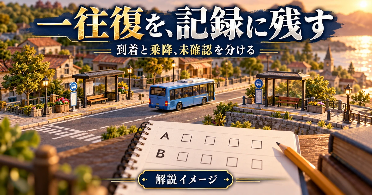 一台のバスの往復を観察ノートに残す解説イメージ