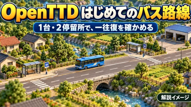 二つの停留所と車庫を結ぶ道路に一台のバスを描いた、OpenTTDの一往復実習の解説イメージ