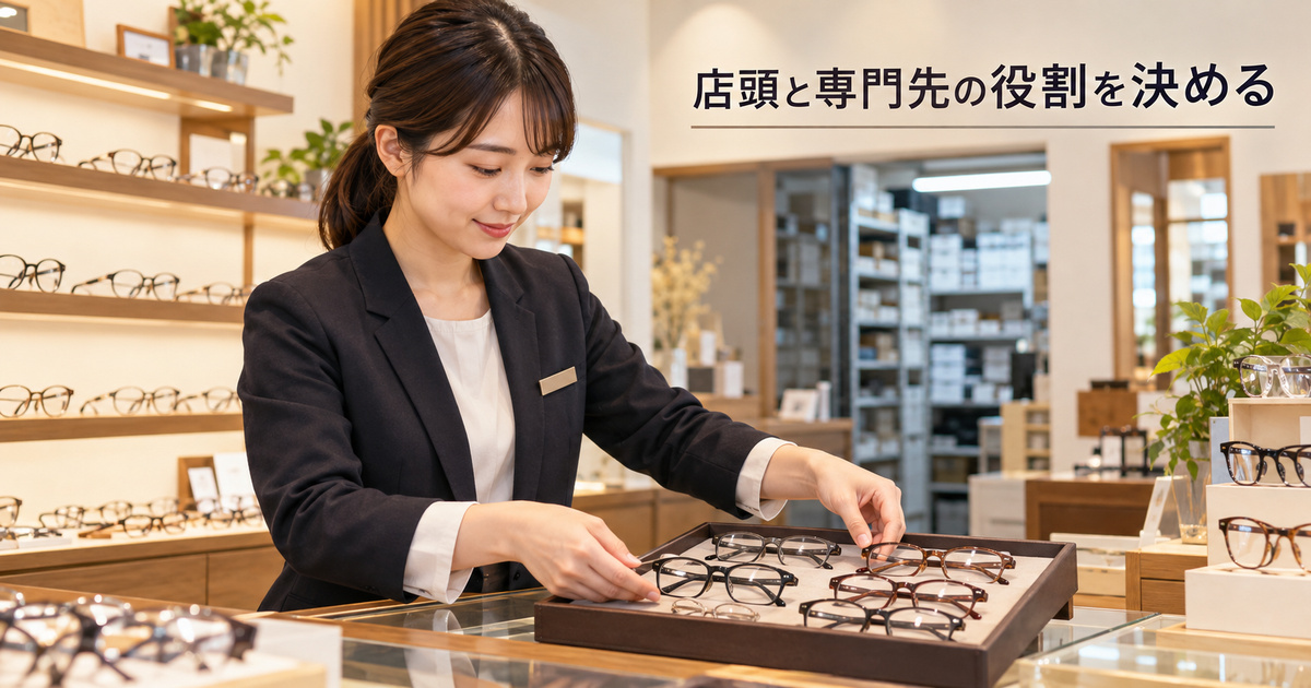 店頭担当がフレームを整理する架空の眼鏡店イメージ。資格や作業技能を認定する物ではありません
