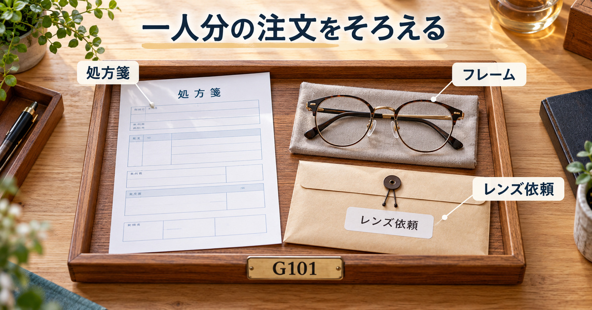 G101という架空の注文へ処方箋・フレーム・レンズ依頼を対応させた生成イメージ。実際の処方値や個人情報は含みません