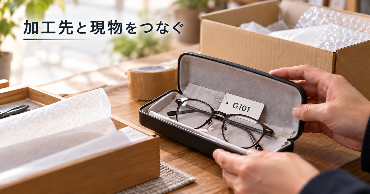 注文札と眼鏡を対応させて外部加工先への発送を考える架空イメージ。正しい梱包方法や加工手順の見本ではありません