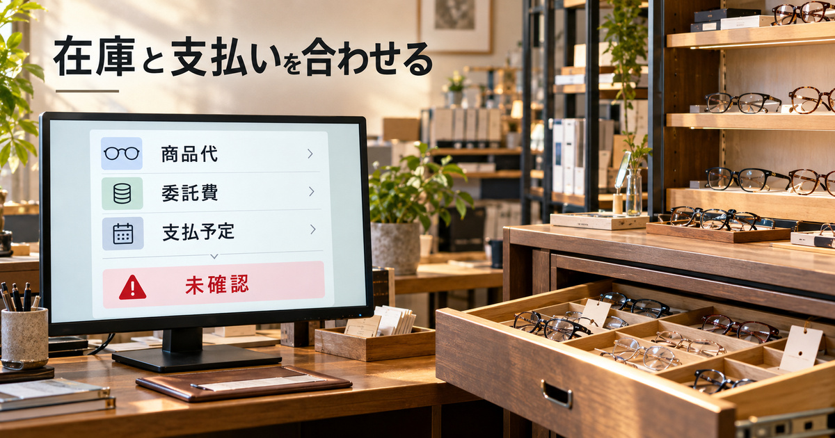 商品収納と商品代・委託費・支払予定の未確認を示す架空の記録画面。実売上や実在する管理ソフトを表すものではありません