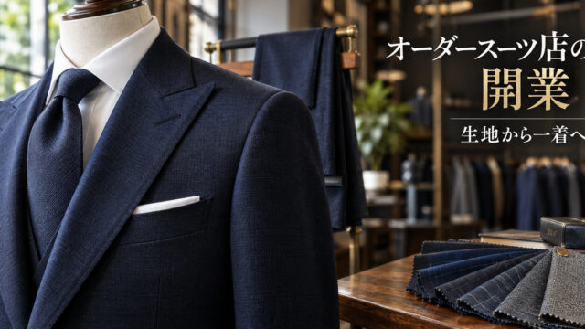 紺のスーツと生地見本を配したオーダースーツ店の開業イメージ