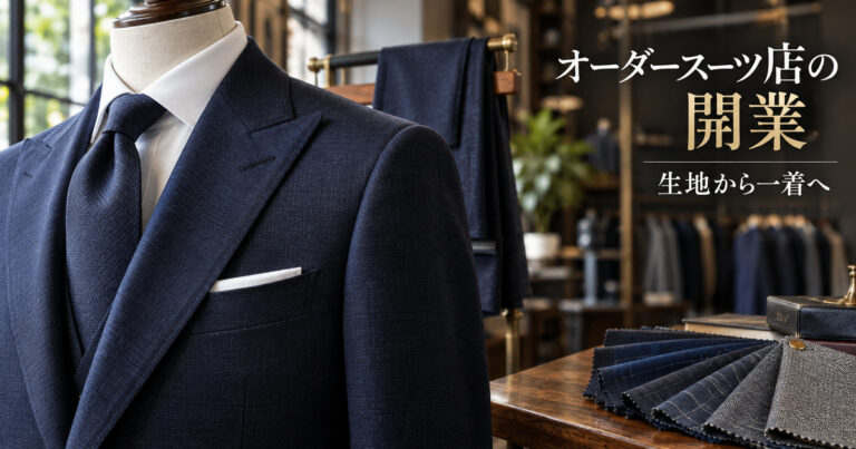 紺のスーツと生地見本を配したオーダースーツ店の開業イメージ