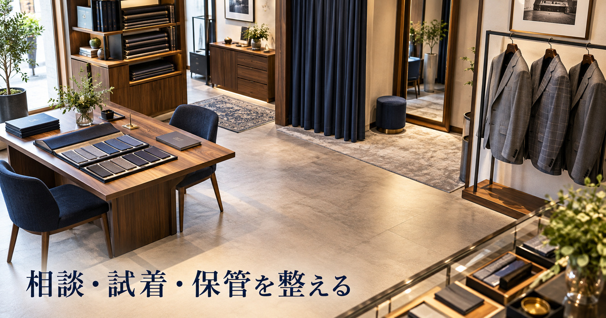 相談席と試着用の鏡、ゲージ服のラックを分けた小さなスーツ店