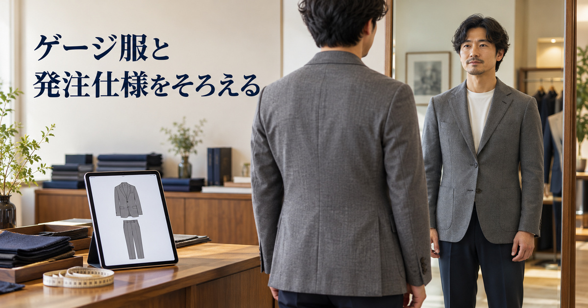 ゲージ服を試着する成人男性と、対応する上着とパンツの仕様図