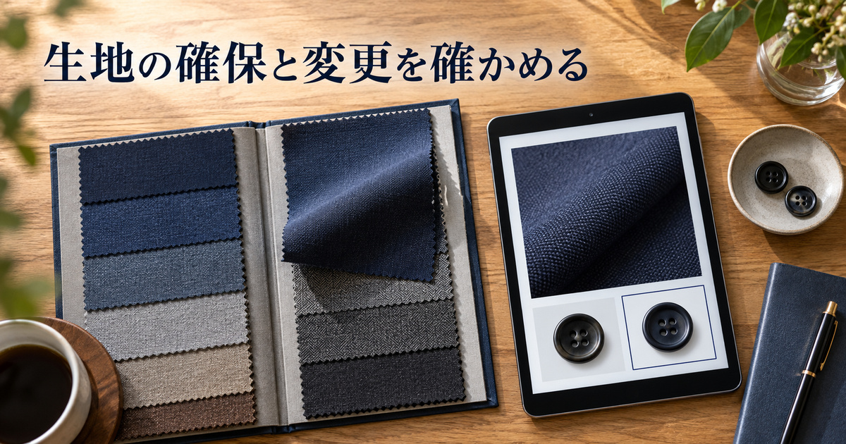 選んだ生地見本と、同じ生地を表示する注文確認用タブレット