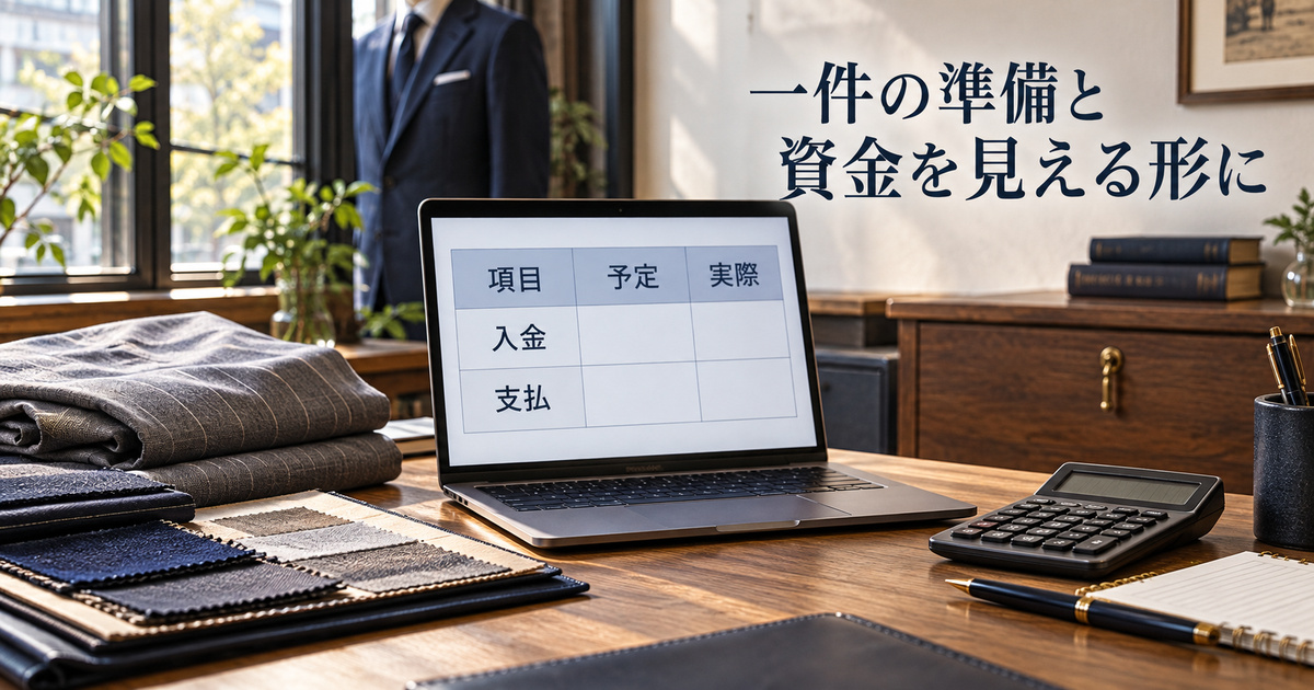 畳んだゲージ服と生地見本、金額を未入力にした資金整理表
