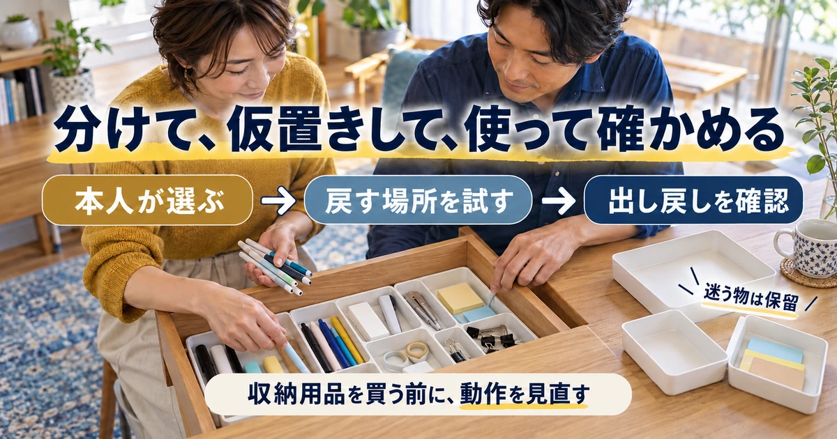 本人が選んだ物を仮置きして出し戻しを確かめる生成イメージ
