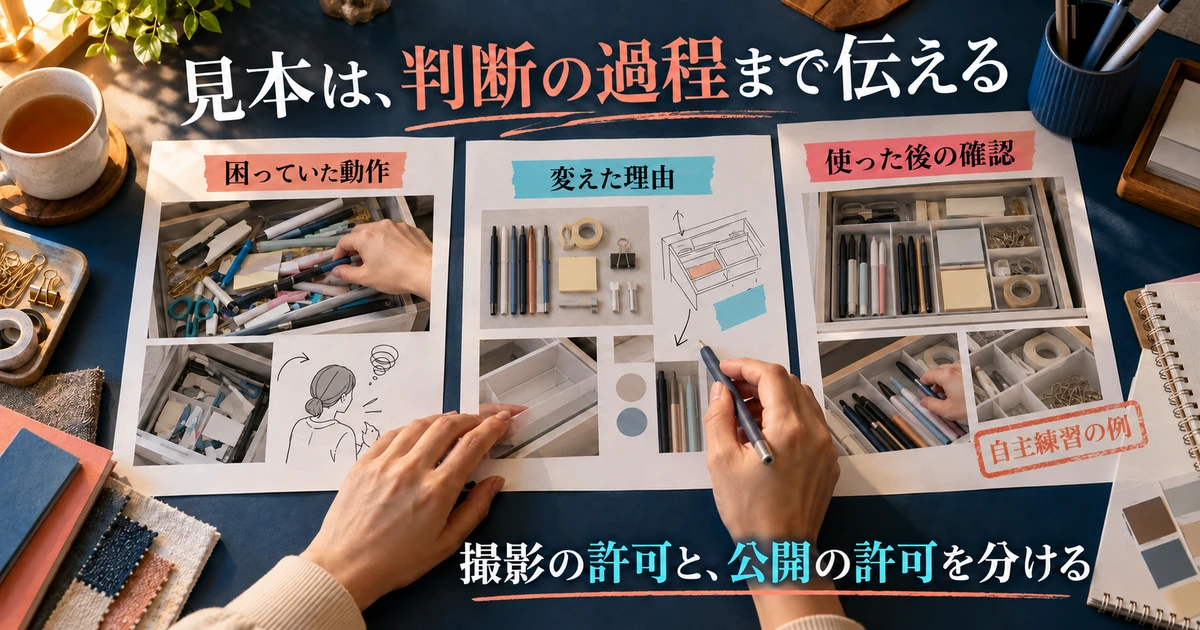 自主練習の判断過程を見本にまとめ公開許可を分ける生成イメージ