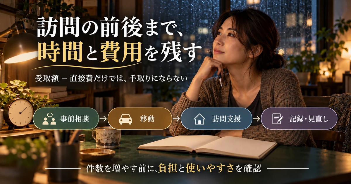 訪問前後の相談、移動、支援、記録の時間と費用を残す生成イメージ