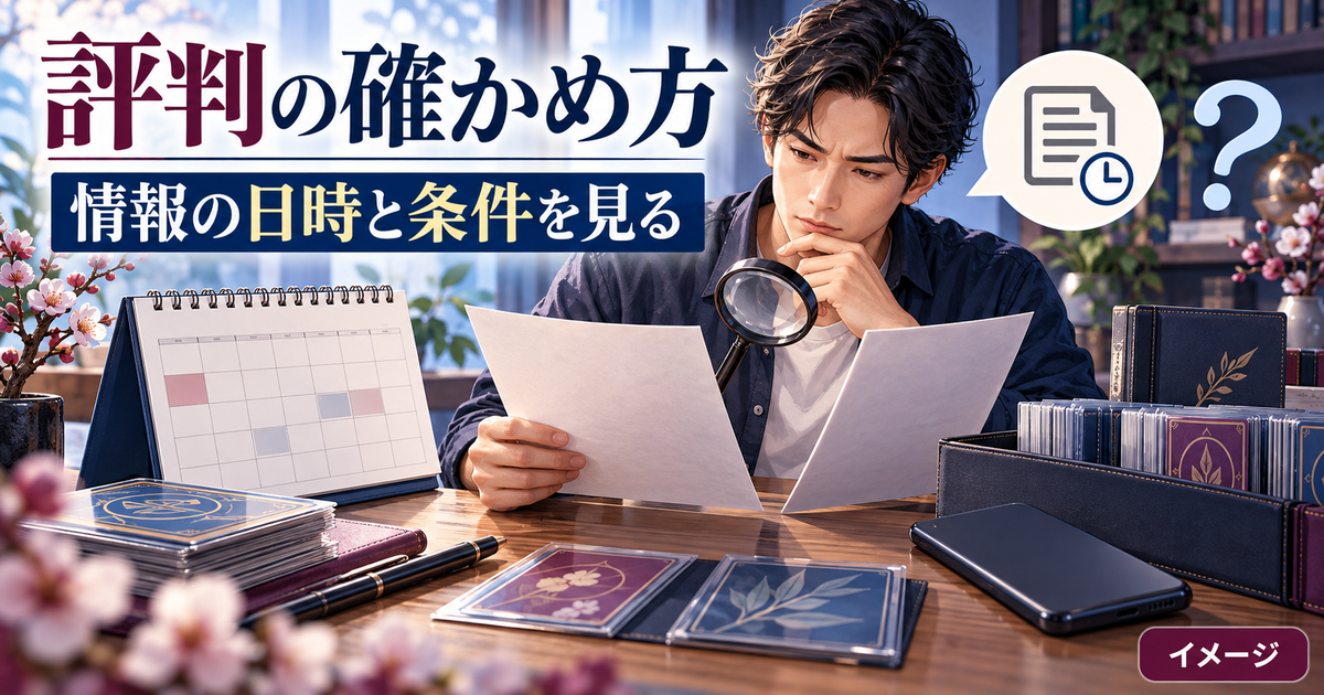 評判の日時と条件を確認し、情報を比較するイメージ