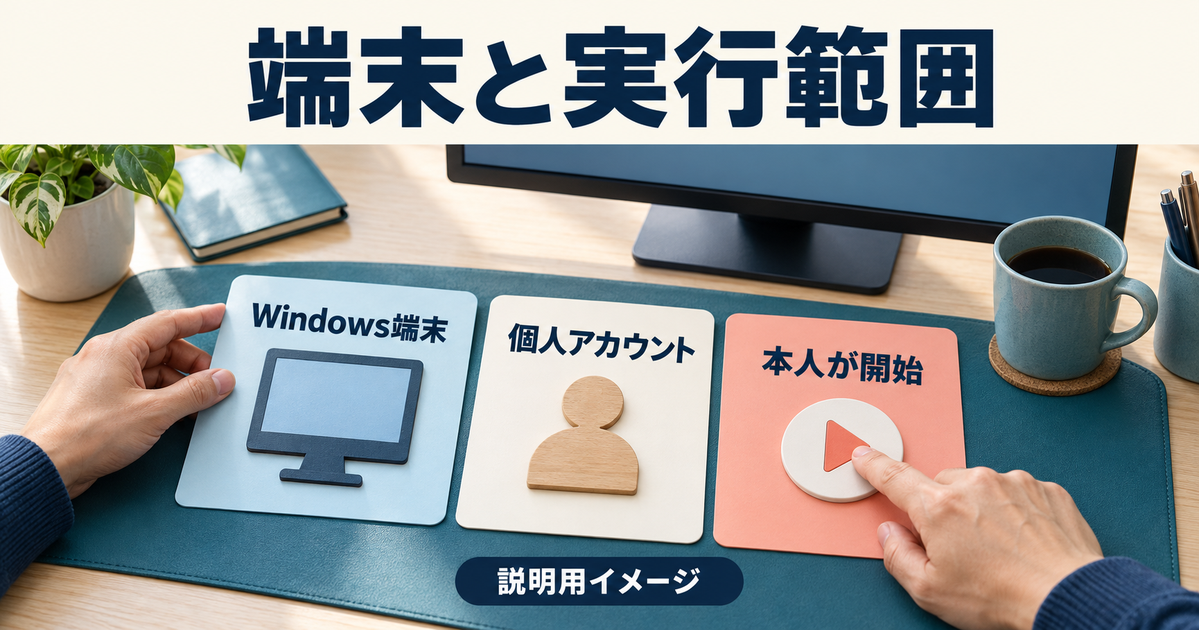 Windows端末、個人アカウント、本人の手動開始を確認する概念図