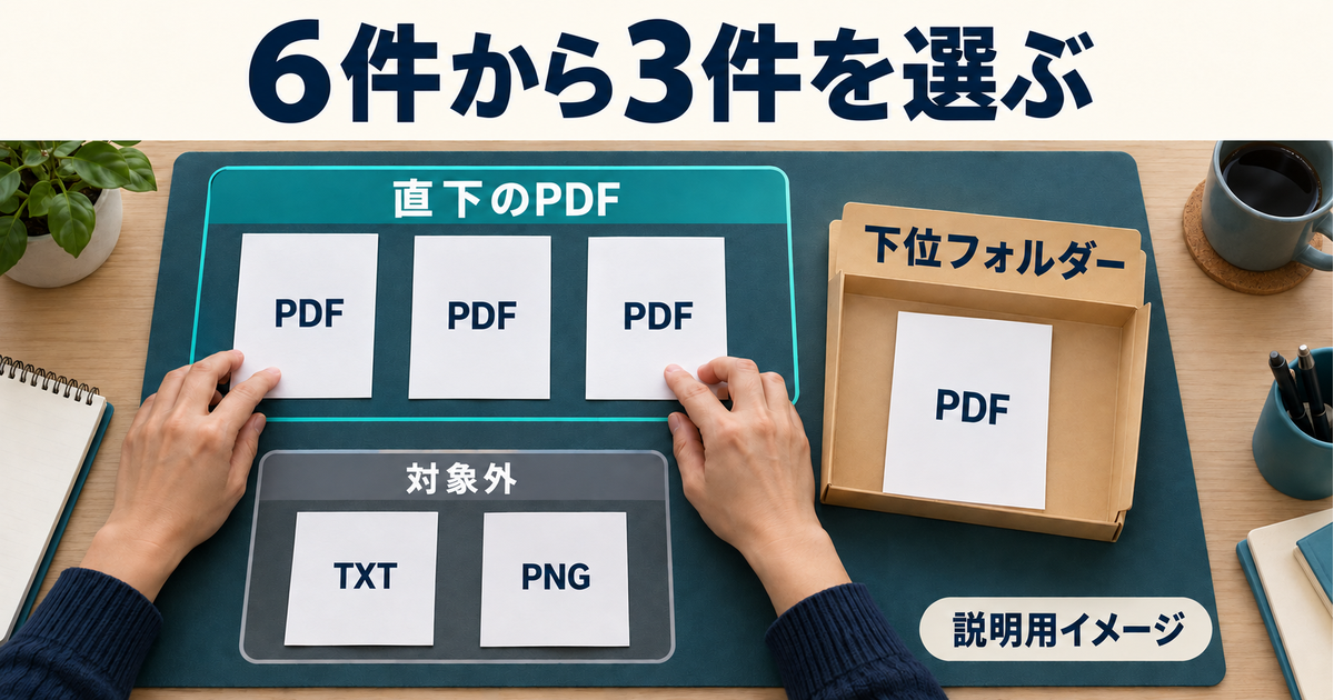 入力6件から直下PDF3件を選び、TXT・PNG・下位PDFを除く概念図
