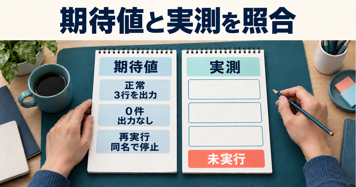 正常・0件・再実行の期待値と、空欄の実測を分けた未実行の確認例