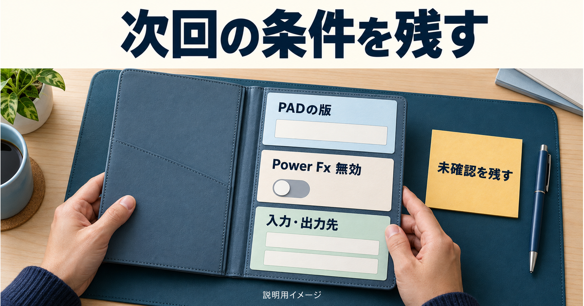 PADの版、Power Fx無効、入力と出力先を記録し未確認を残す概念図