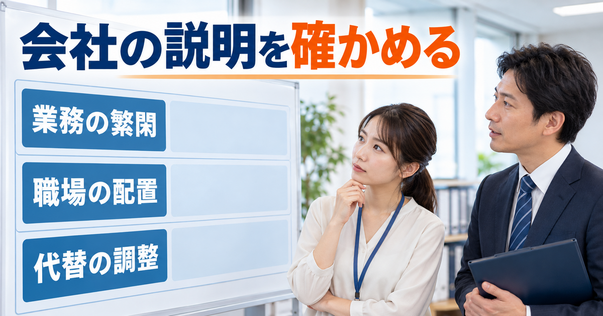 会社の担当者と、業務の繁閑や人員配置、代替の調整状況を確認する場面。