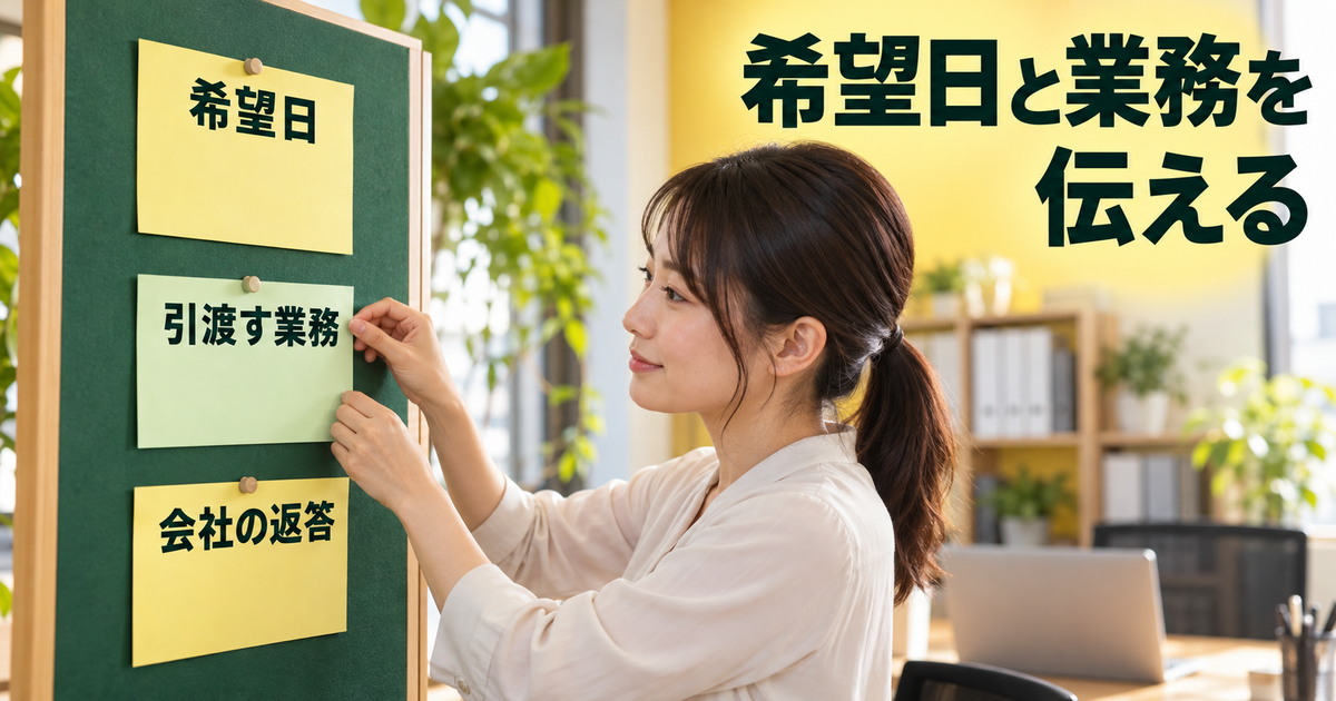 有給休暇の希望日、引き渡す業務、会社からの返答を三枚のメモに整理する場面。