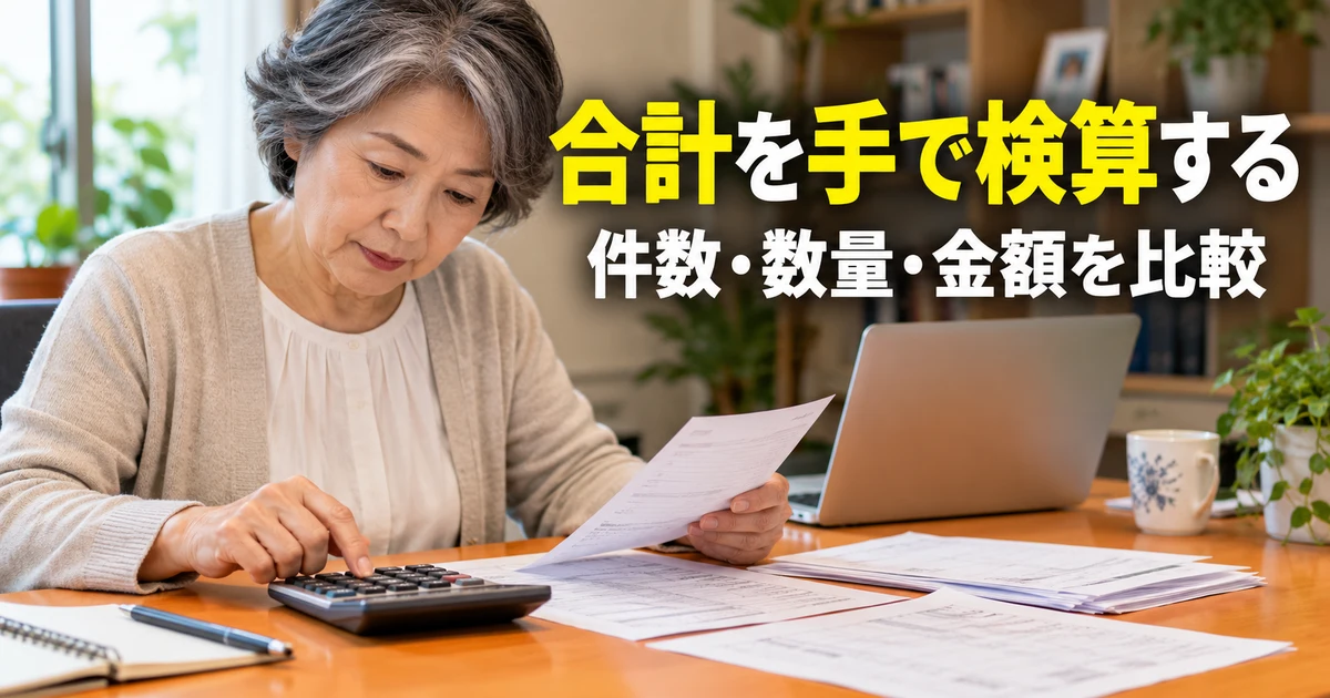 集計結果を電卓で検算する女性の説明用生成画像