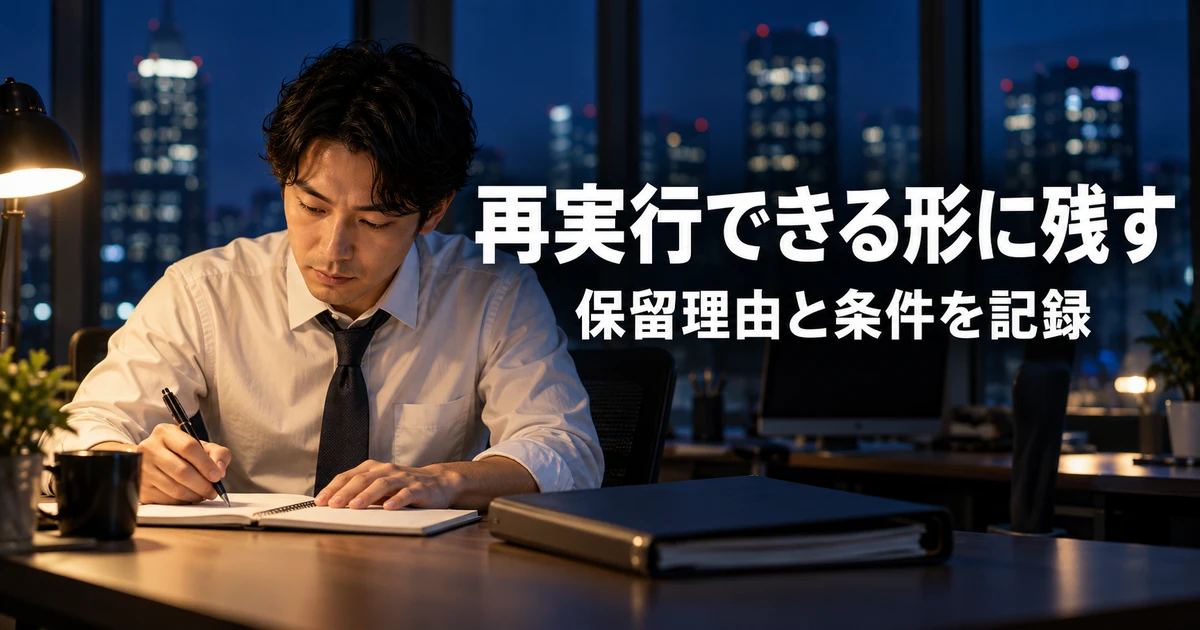 集計条件と保留理由を記録する男性の説明用生成画像