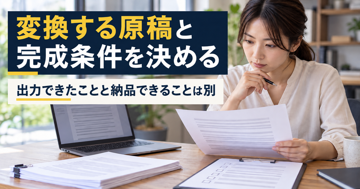 原稿とチェック表を読む人物の写真。「変換する原稿と完成条件を決める、出力できたことと納品できることは別」の説明文字。