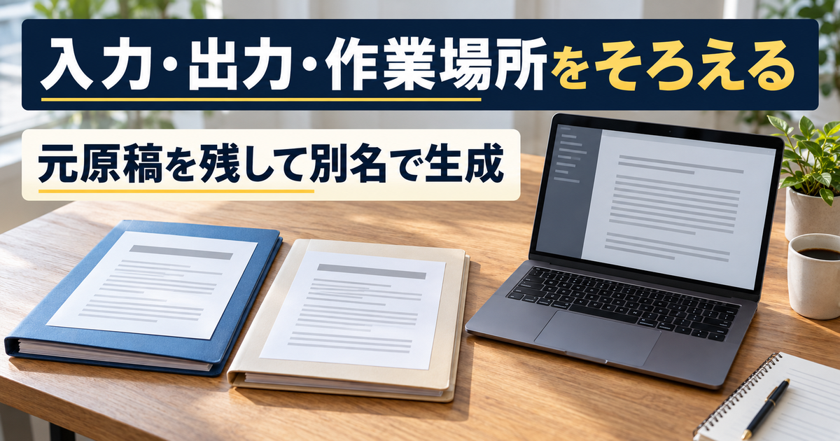 原稿用と出力用の二冊の資料とPC。「入力・出力・作業場所をそろえる、元原稿を残して別名で生成」の説明文字。