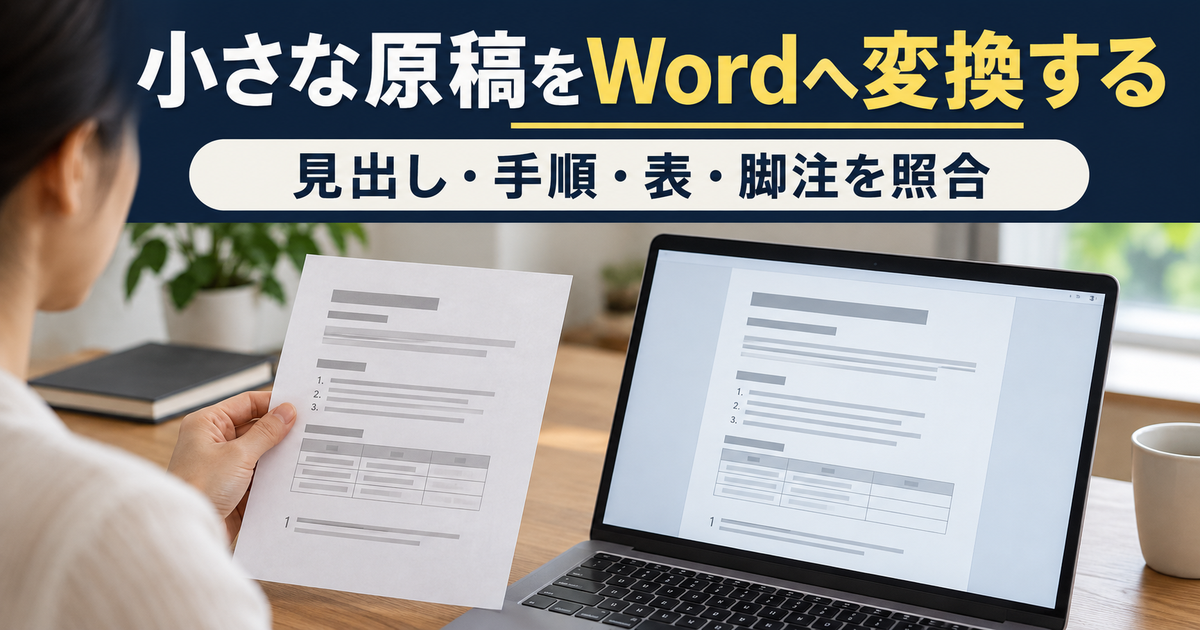 紙の短いメモと抽象的な文書画面を比べる写真。「小さな原稿をWordへ変換する、見出し・手順・表・脚注を照合」の説明文字。