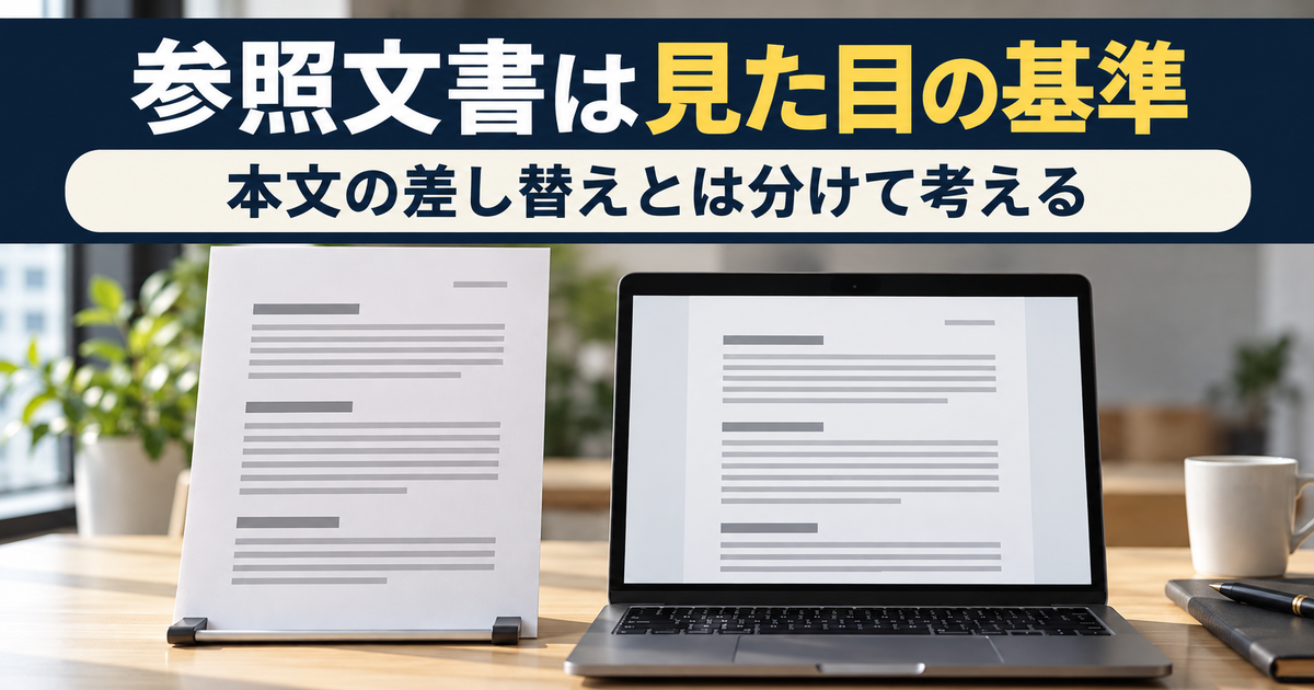 紙とPCで文書の見た目を比べる写真。「参照文書は見た目の基準、本文の差し替えとは分けて考える」の説明文字。