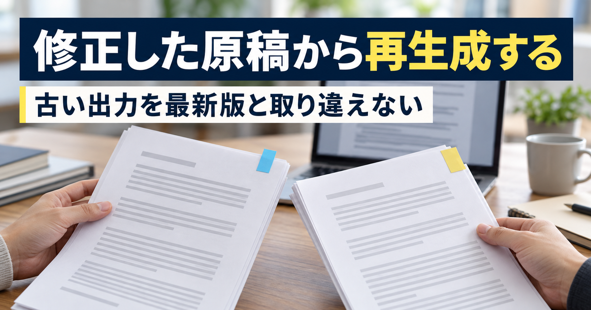 色違いの付箋がある二つの版を比べる写真。「修正した原稿から再生成する、古い出力を最新版と取り違えない」の説明文字。