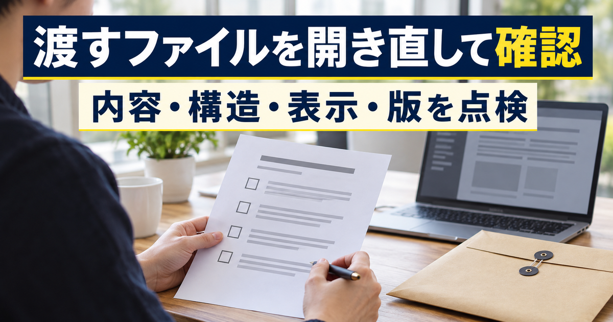 チェック表と封筒を確認する写真。「渡すファイルを開き直して確認、内容・構造・表示・版を点検」の説明文字。