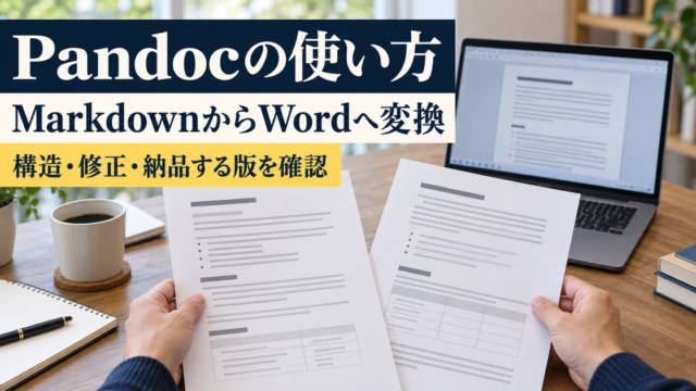 二つの原稿を比べる机上写真。「Pandocの使い方、MarkdownからWordへ変換、構造・修正・納品する版を確認」の説明文字。