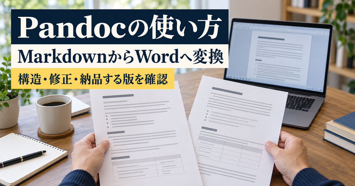二つの原稿を比べる机上写真。「Pandocの使い方、MarkdownからWordへ変換、構造・修正・納品する版を確認」の説明文字。