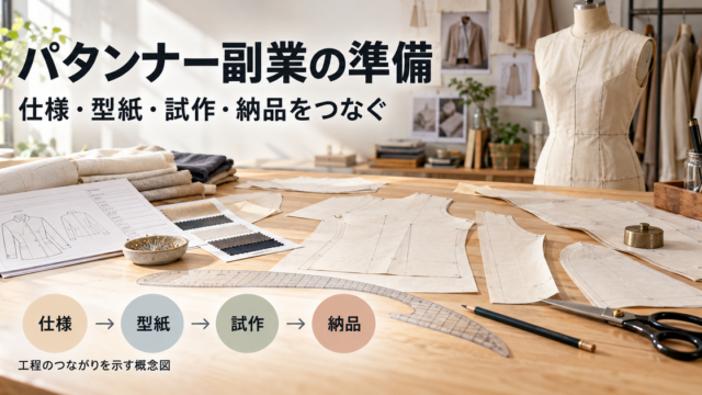 型紙、仕様書、試作服のあるアトリエで、仕様・型紙・試作・納品のつながりを示した概念図。