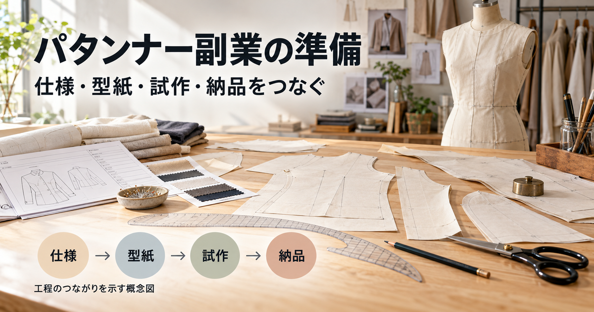 型紙、仕様書、試作服のあるアトリエで、仕様・型紙・試作・納品のつながりを示した概念図。