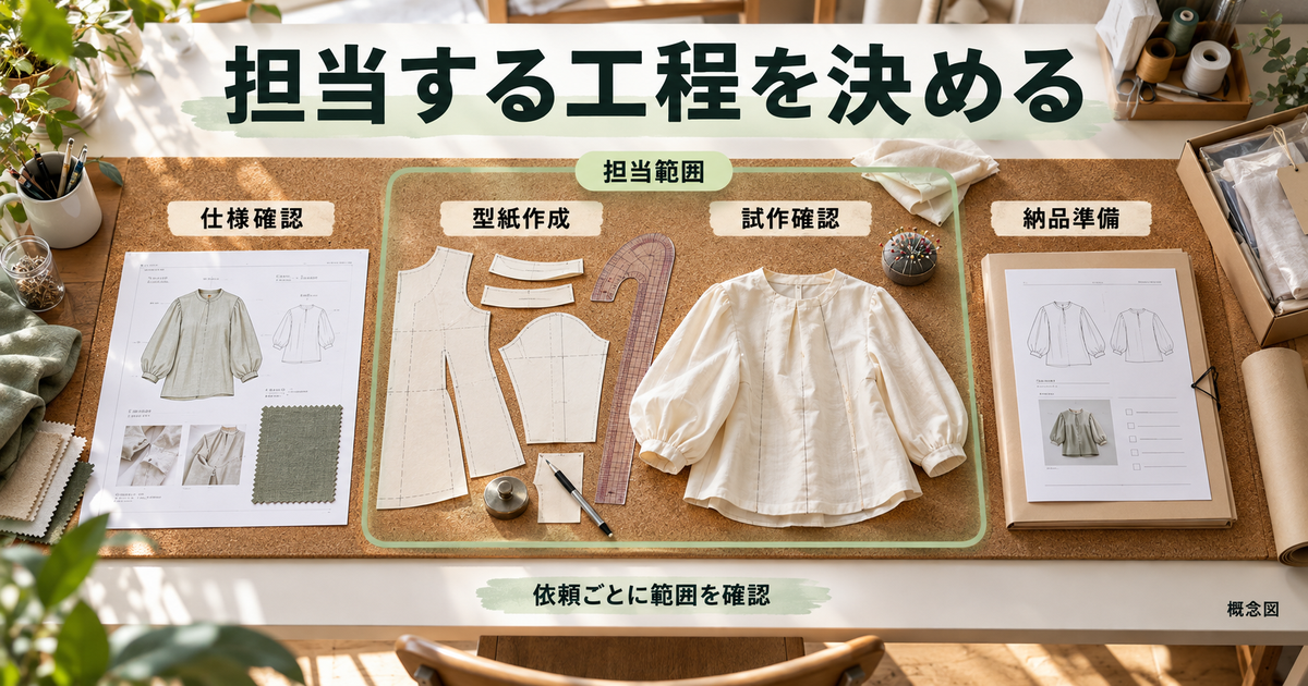 仕様確認、型紙作成、試作確認、納品準備の4工程から、担当範囲を決めることを示した概念図。