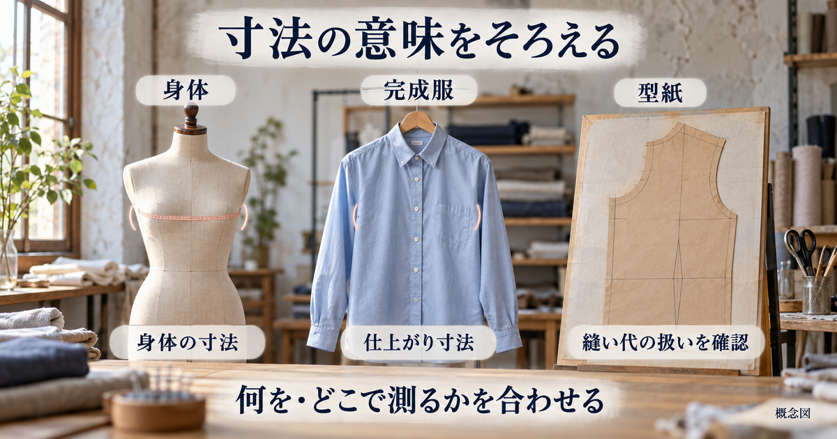 身体、完成服、型紙を別々に示し、身体の寸法、仕上がり寸法、縫い代の扱いを区別する概念図。