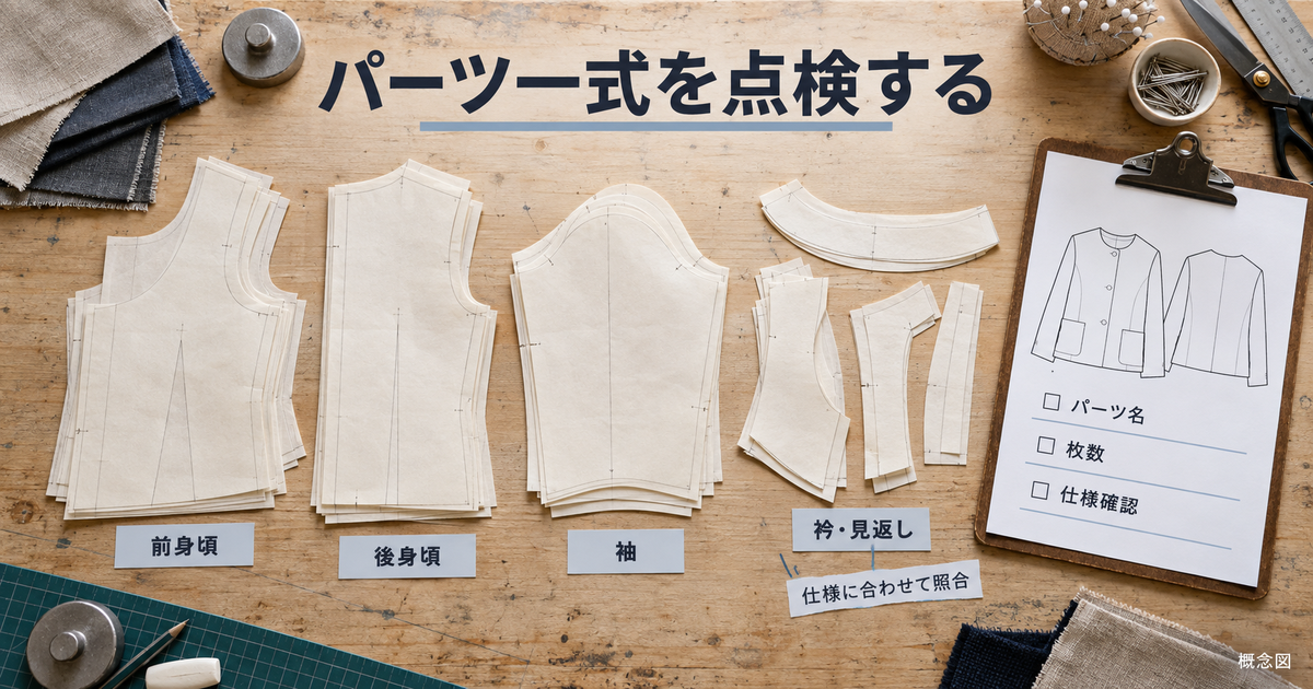 前身頃、後身頃、袖、衿・見返しの型紙を並べ、パーツ名・枚数・仕様との照合を示す概念図。