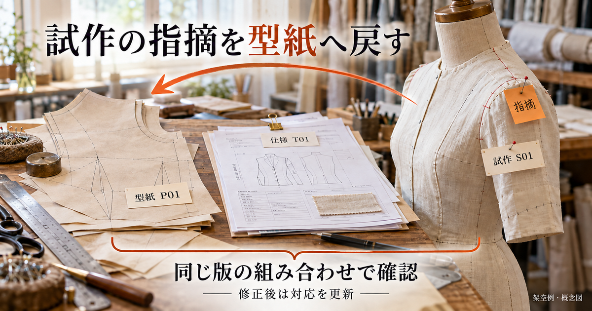 型紙P01、仕様T01、試作S01の対応をそろえ、試作への指摘を型紙へ戻す流れを示した架空の概念図。